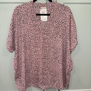 Jodifl Women's V Neck Medium Pink Black Spotted Oversized Top Animal Print